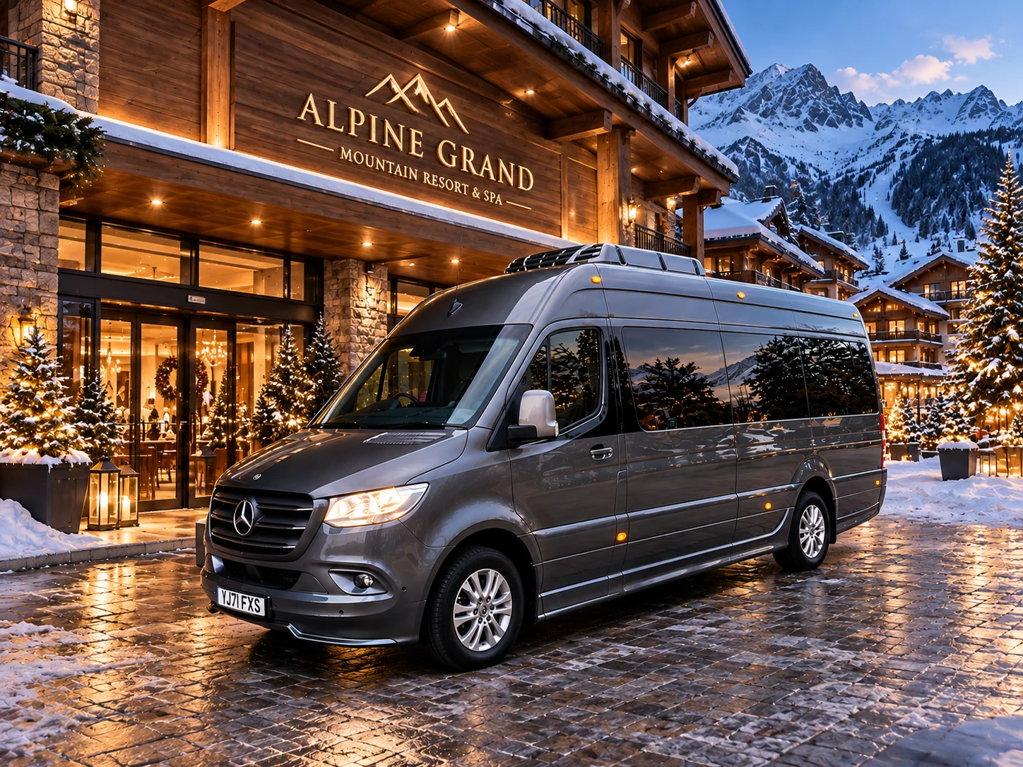 Stylised anthracite-grey Mercedes-Benz Sprinter outside the Alpine Grand Mountain Resort and Spa