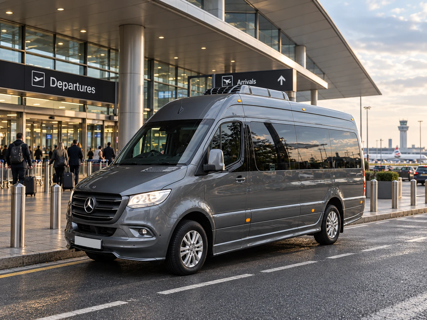Illustrative Mercedes-Benz Sprinter at an airport kerb